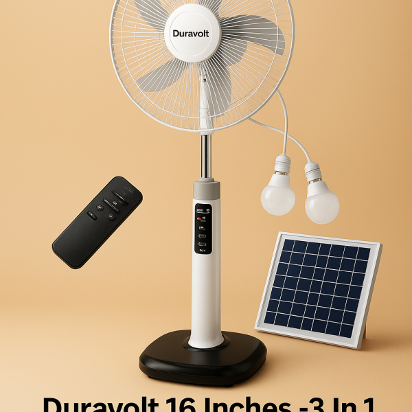 Duravolt 16 Inches -3 In 1 Rechargeable Fan +Solar Panel + 2-Bulbs In Nigeria