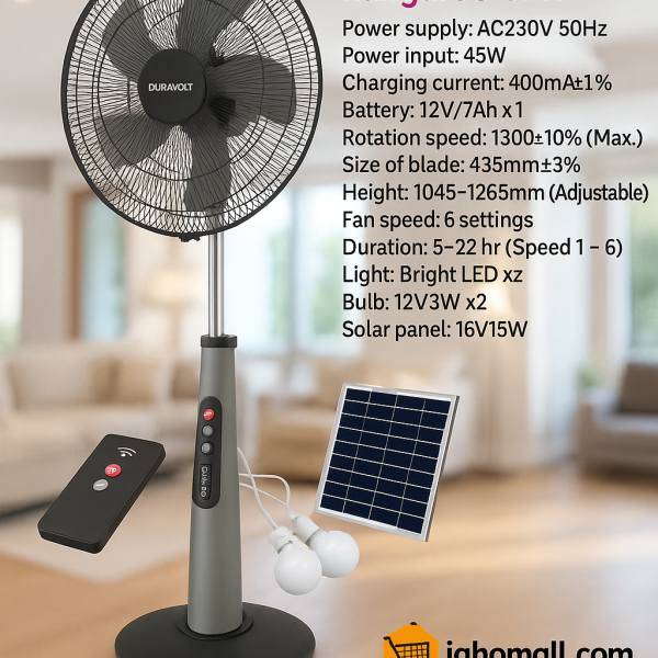 Duravolt 3-in-1 18 inches Rechargeable Fan with 1 Solar Panel and 2 bulb DRF-3918 kangaroo