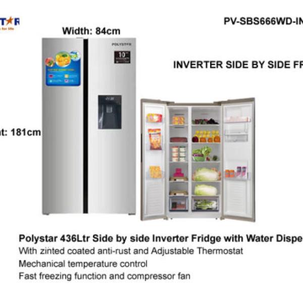 POLYSTAR 436L INVERTER SIDE BY SIDE REFRIGERATOR – PV-SBS666WD-INV (SILVER)